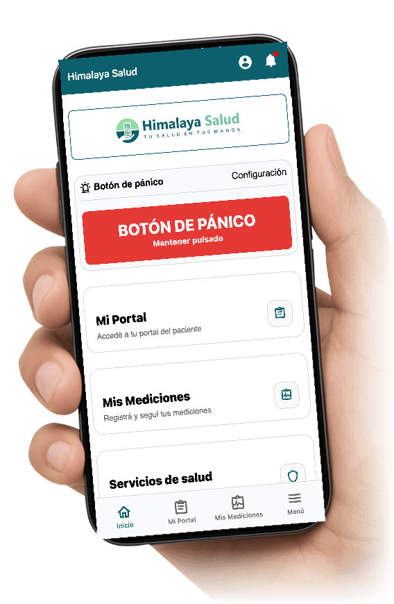 Mano sosteniendo la app Himalaya Salud en la pantalla de inicio